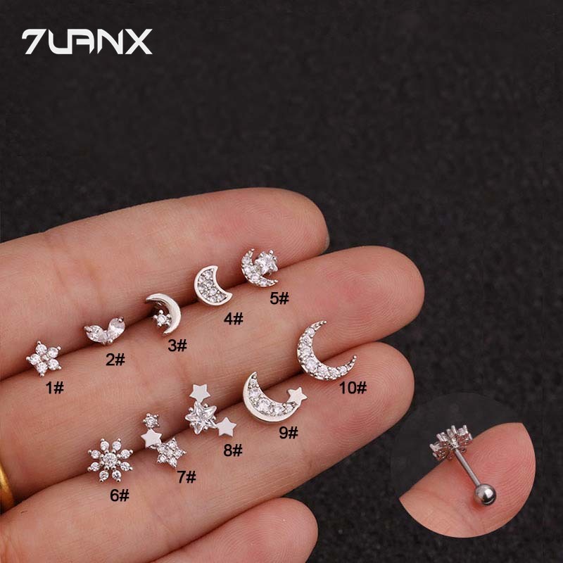 7uanX 1 Khuyên Tai Helix Lobe Pinna 20Gauge Bằng Thép Không Gỉ Đính Đá Zircon Hình Trăng Sao