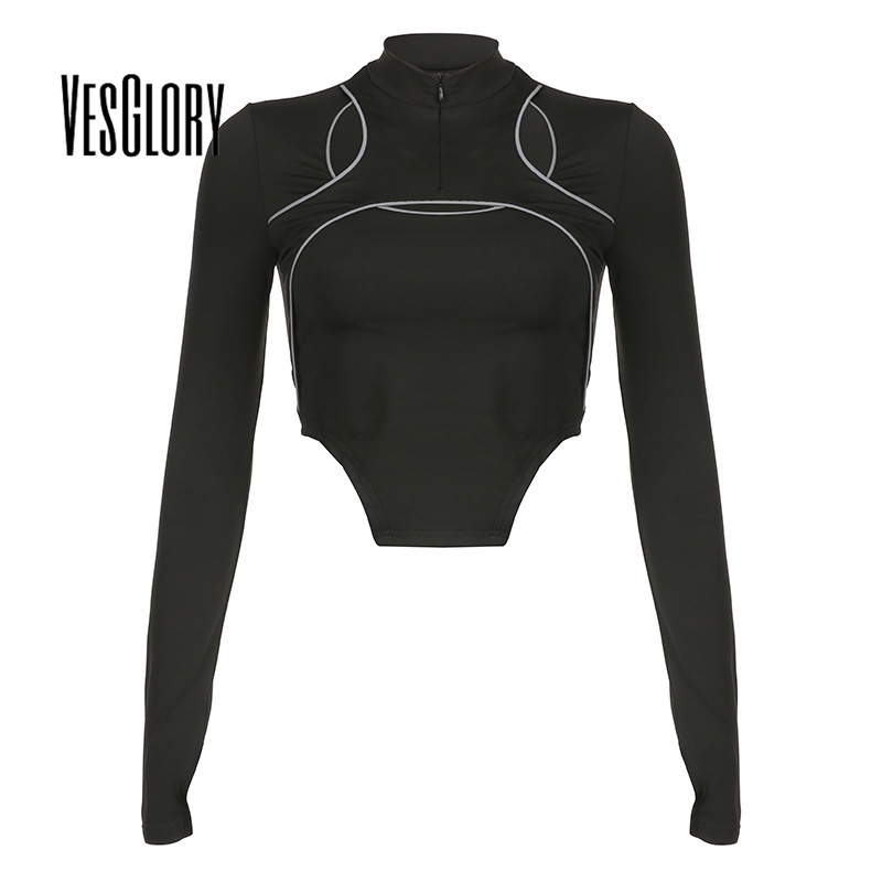 Áo Croptop Tay Dài Cổ Cao Dáng Ôm Màu Sắc Tương Phản Thời Trang Quyến Rũ Cho Nữ 2023