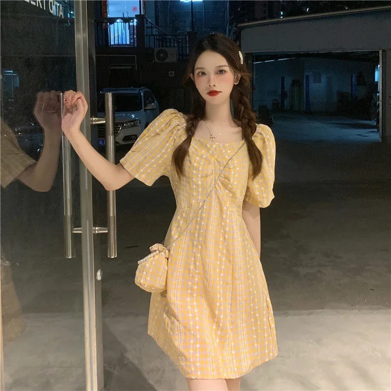 Đầm Ngắn Tay Họa Tiết Sọc Caro Phong Cách Pháp Cổ Điển Thời Trang Mùa Hè Cho Nữ