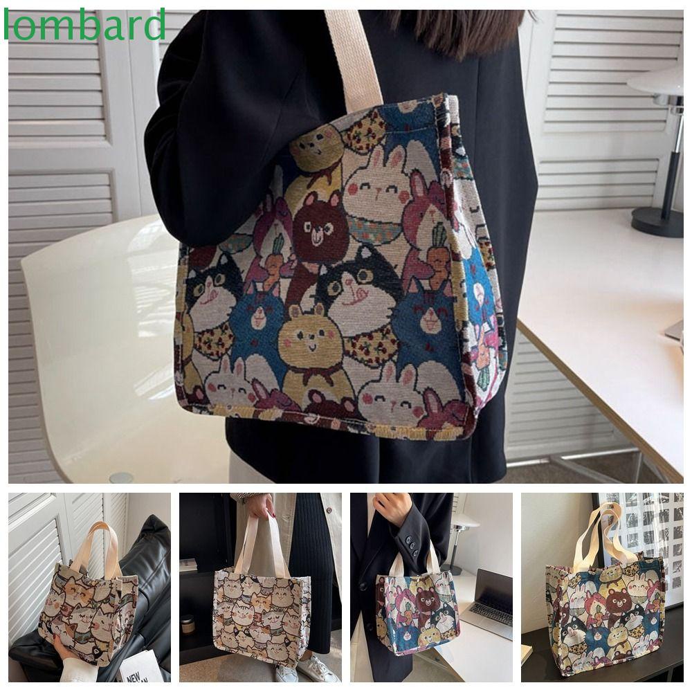 LOMBARD Túi Xách Canvas In Họa Tiết Động Vật Hoạt Hình Dễ Thương Cho Học Sinh