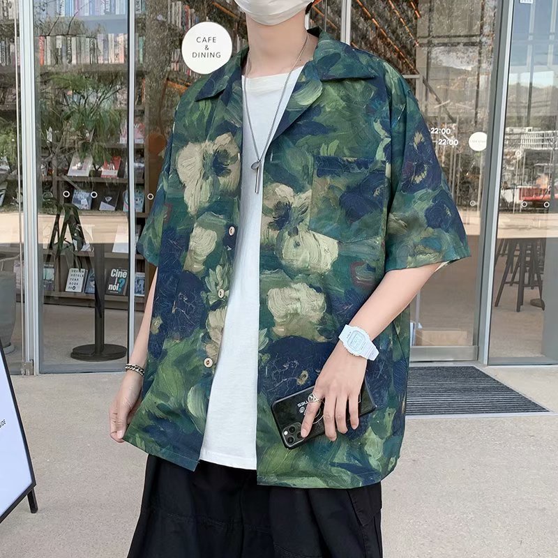 Áo Sơ Mi Lụa Lạnh Tay Ngắn Dáng Rộng In Hình Tranh Sơn Dầu Phong Cách Hàn Quốc Cho Nam