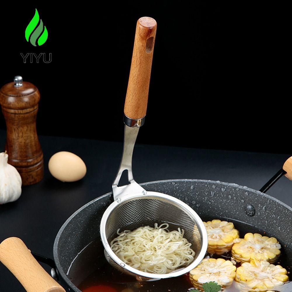 YIYU Rây Lưới Chiên Thức Ăn Bằng Thép Không Gỉ Tay Cầm Bằng Gỗ