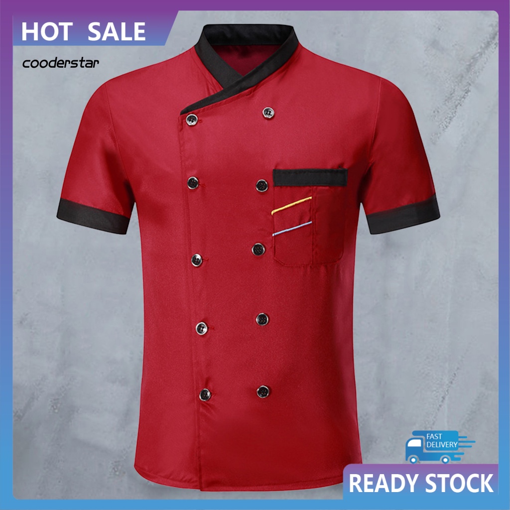 Áo Đầu Bếp Ngắn Tay Cổ Đứng Cài Hai Hàng Nút Có Túi Và Nút Cài Cho Unisex Nhà Hàng Khách Sạn