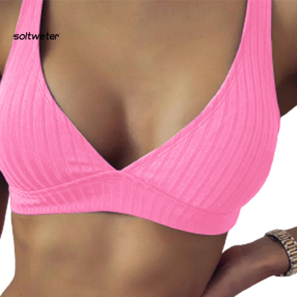 Bộ Đồ Bơi Bikini Hai Mảnh Cổ Chữ V Sâu Màu Trơn Có Gân Và Quần Lót Dành Cho Bạn Nữ Mặc Mùa Hè