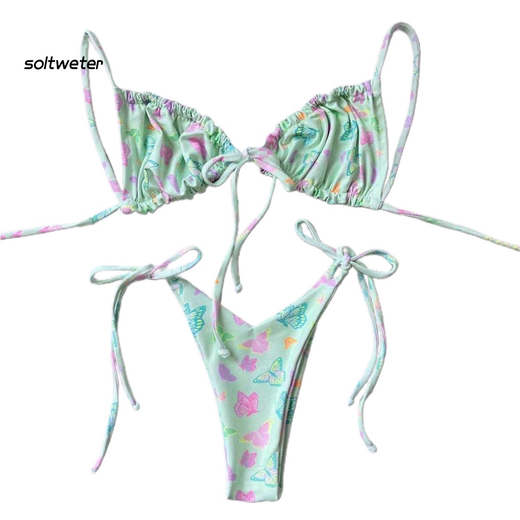 Bộ Đồ Bơi Bikini Hai Dây Buộc Nơ Eo Thấp In Họa Tiết Quyến Rũ Cho Nữ