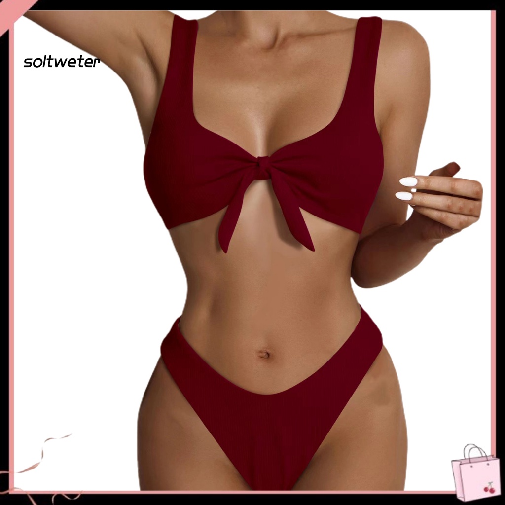 Bộ Đồ Bơi Tam Giác Lưng Cao Màu Sắc Trơn Thắt Nút Phía Trước Quyến Rũ Cho Nữ