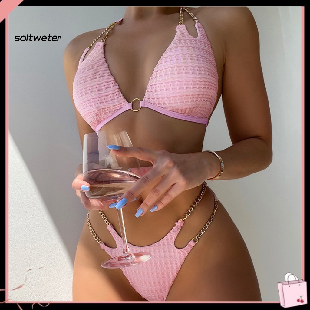 Bộ Bikini 2 Mảnh Màu Sắc Trơn Cổ Chữ V Khoét Sâu Gợi Cảm