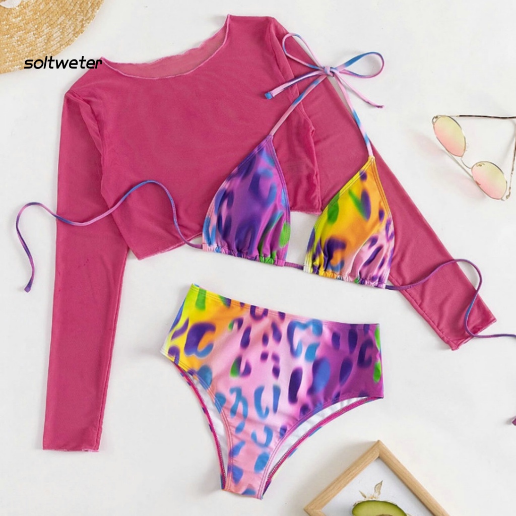 Bộ Đồ Bơi 3 Mảnh Gồm Áo Tay Dài Cổ Tròn Và Quần Lót Lưới Xuyên Thấu Chống Nắng In Họa Tiết Da Báo Cho Nữ
