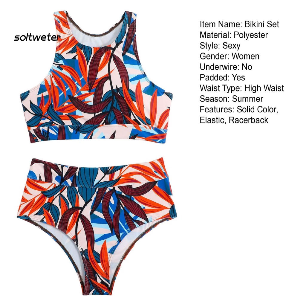 Bộ Bikini 2 Mảnh Không Gọng Cổ Tròn Lưng Cao Màu Trơn Cho Nữ