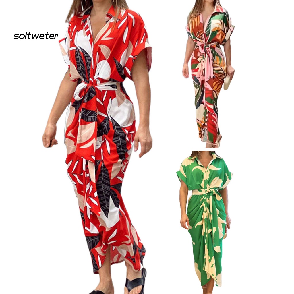 Đầm Sơ Mi Tay Ngắn Cổ Chữ V Eo Cao In Họa Tiết Lá Cây Nhiều Màu Sắc