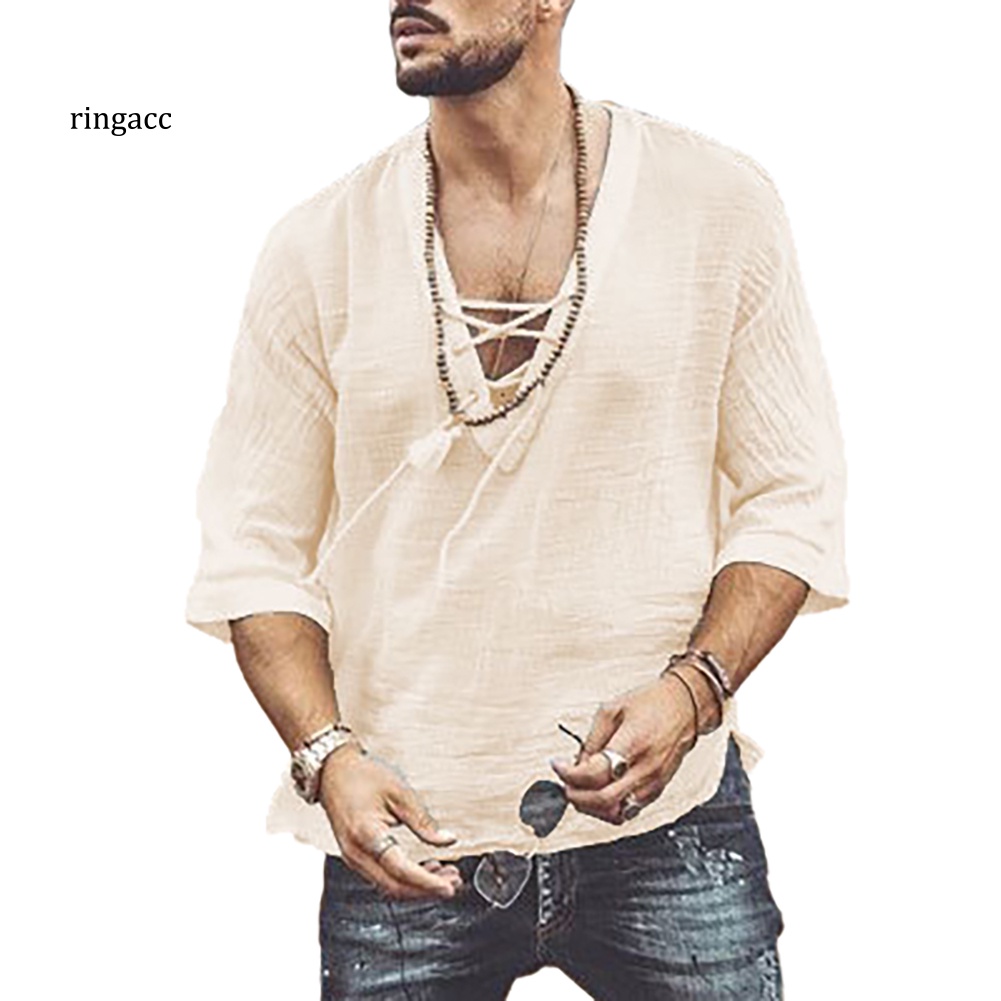 Áo Thun Tay Lửng Cổ Chữ V Màu Trơn Khoét Ngực Sành Điệu Cho Nam