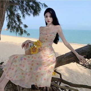 Đầm Hai Dây Nhún Bèo In Họa Tiết Gouache Thanh Lịch Thời Trang Mùa Hè
