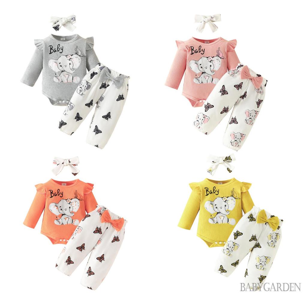 Set Đồ 3 Món Gồm Áo Liền Quần + Quần Dài In Họa Tiết Chú Voi + Băng Cài Đầu Cho Bé Gái 0-18 Tháng Tuổi
