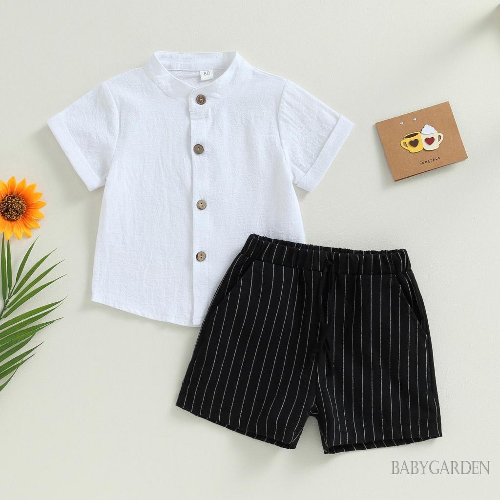 Set Áo Sơ Mi Trắng Ngắn Tay Cổ Tròn + Quần Short Lưng Thun Họa Tiết Kẻ Sọc Màu Sắc Thời Trang Mùa Hè Cho Bé Trai 4-7 Tuổi
