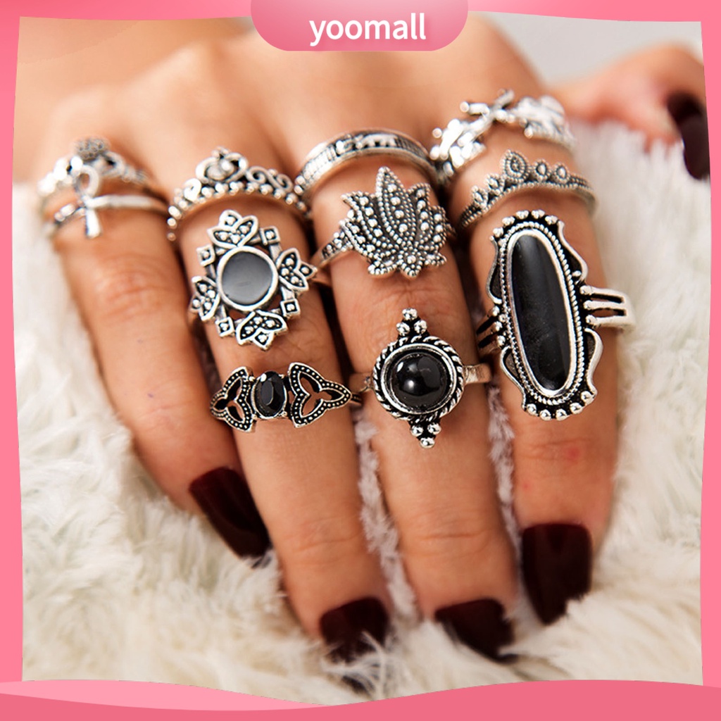 Set 11 Nhẫn Đeo Khớp Ngón Tay Màu Đen Phong Cách Bohemia