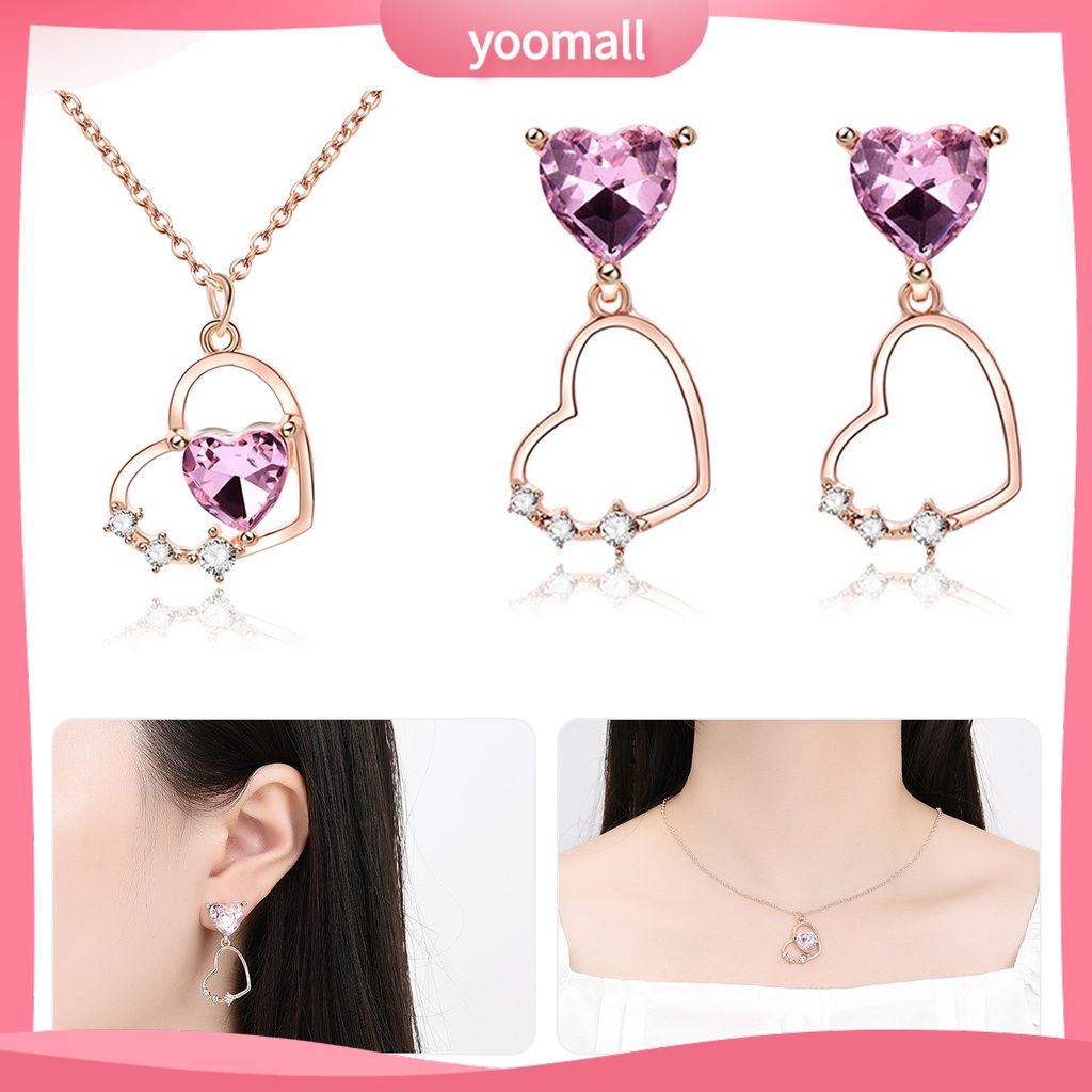 1 Bộ Vòng cổ + Bông Tai Đính Đá Hình Trái Tim Lấp Lánh Cho Nữ
