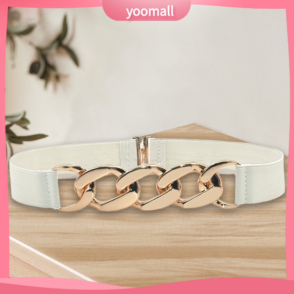 Thắt Lưng Bản Rộng Co Giãn Có Khóa Kim Loại Màu Vàng Bóng Thanh Lịch Cho Nữ