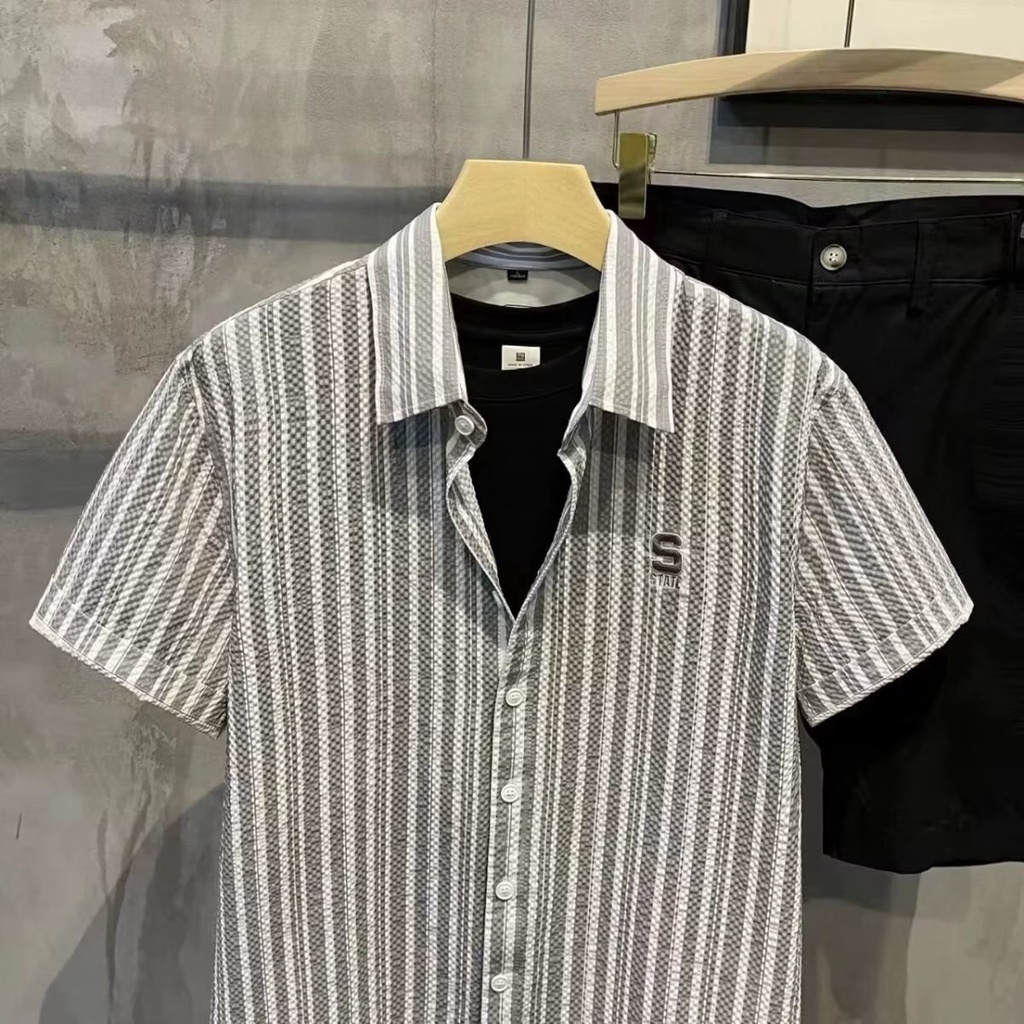 Áo Sơ Mi Tay Ngắn Phồng Họa Tiết Sọc Xanh Dương Thời Trang Mùa Hè 2023 Mới Dành Cho Bé Trai