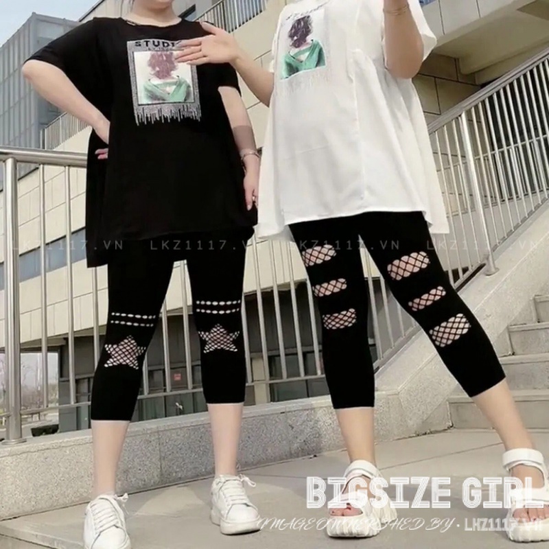 Bigsize Quần Legging Lưng Cao Phối Vết Rách Cá Tính Cho Nữ