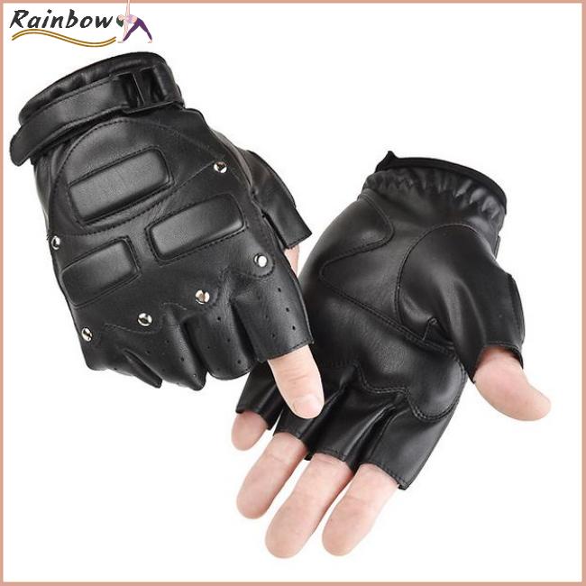 [COD] Găng Tay Lái Xe Nửa Ngón Bằng Da PU Màu Đen Phong Cách Punk Unisex