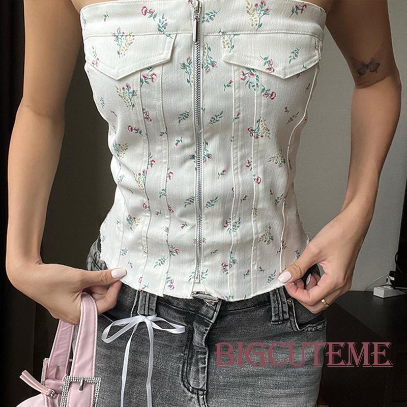 Áo Ống Có Khóa Kéo In Hoa Hở Vai Thời Trang Mùa Hè Dành Cho Nữ