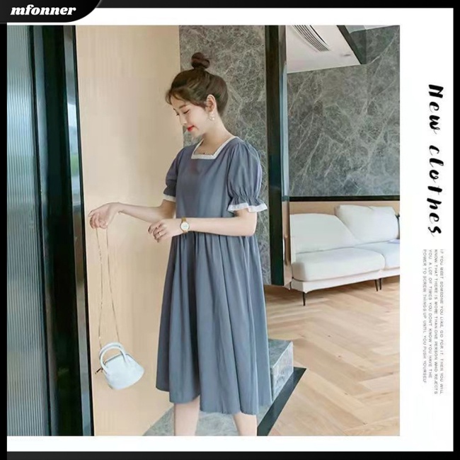 Đầm Midi Chữ A Tay Ngắn Cổ Vuông Dáng Rộng Màu Sắc Đơn Giản Thời Trang Mùa Hè Cho Nữ