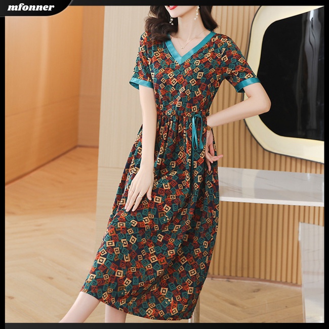 Đầm Midi Tay Ngắn Cổ Chữ V Eo Cao Màu Sắc Tương Phản Thanh Lịch Dành Cho Nữ