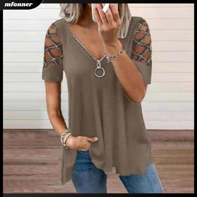 Áo Thun Tay Ngắn Cổ Chữ V Khoét Lỗ Màu Sắc Trơn Thời Trang Mùa Hè Cho Nữ
