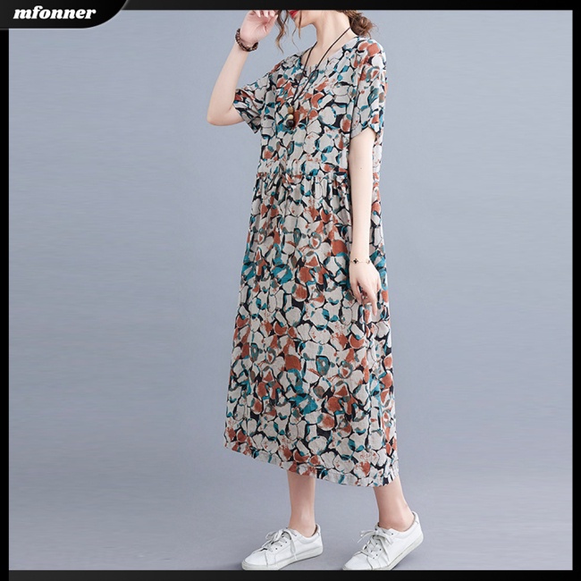 Đầm Midi Dáng Chữ A Tay Ngắn Dáng Rộng Vải Lanh Cotton In Họa Tiết Thời Trang Mùa Hè Cho Bạn Gái