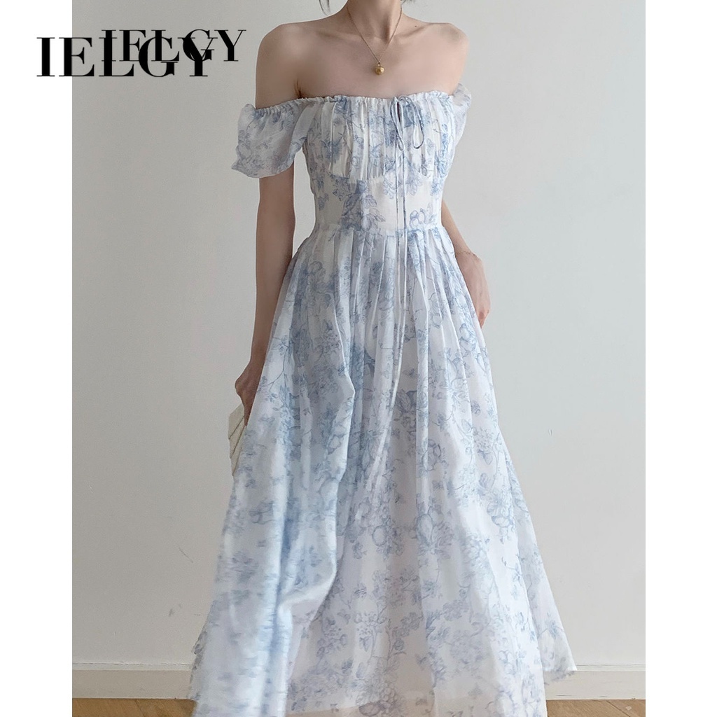 Đầm dài IELGY cổ vuông tay phồng in họa tiết hoa thời trang mùa hè dành cho nữ