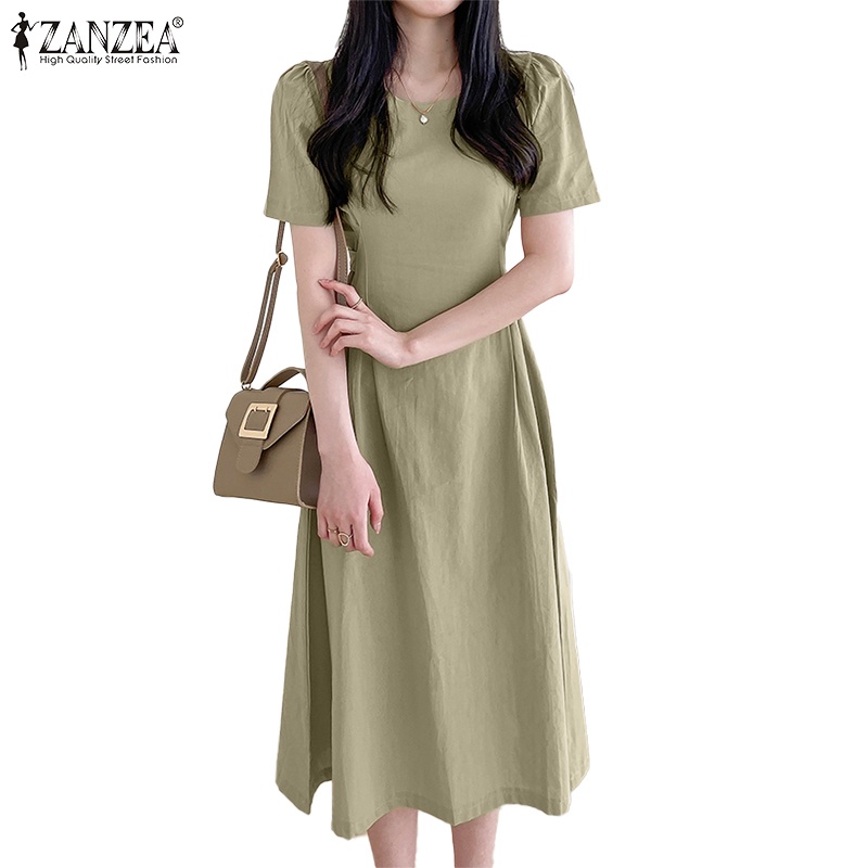 Zanzea Đầm Midi Tay Ngắn Phồng Thời Trang Hàn Quốc Dành Cho Nữ
