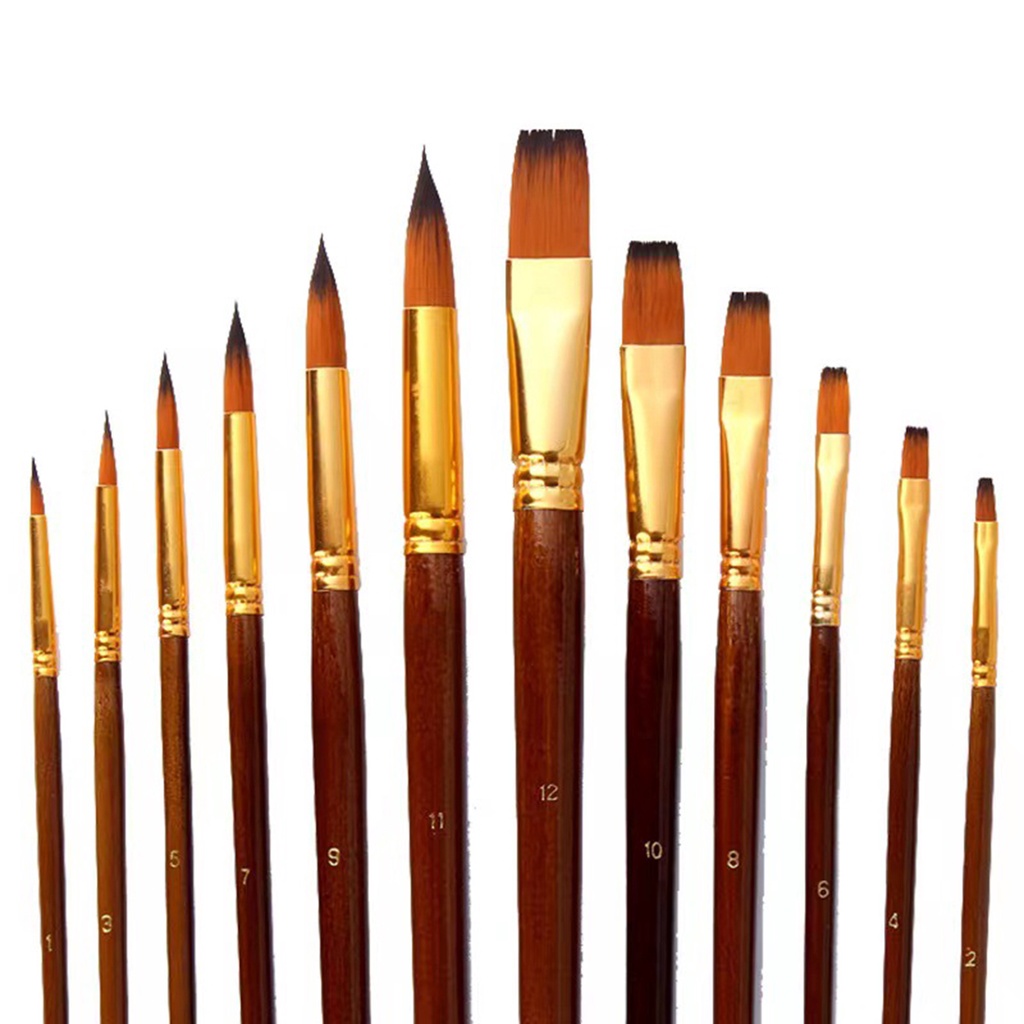 Set 12 Cọ Vẽ Màu Nước Sợi Nylon Tay Cầm Bằng Gỗ Tiện Dụng Cho Học Sinh