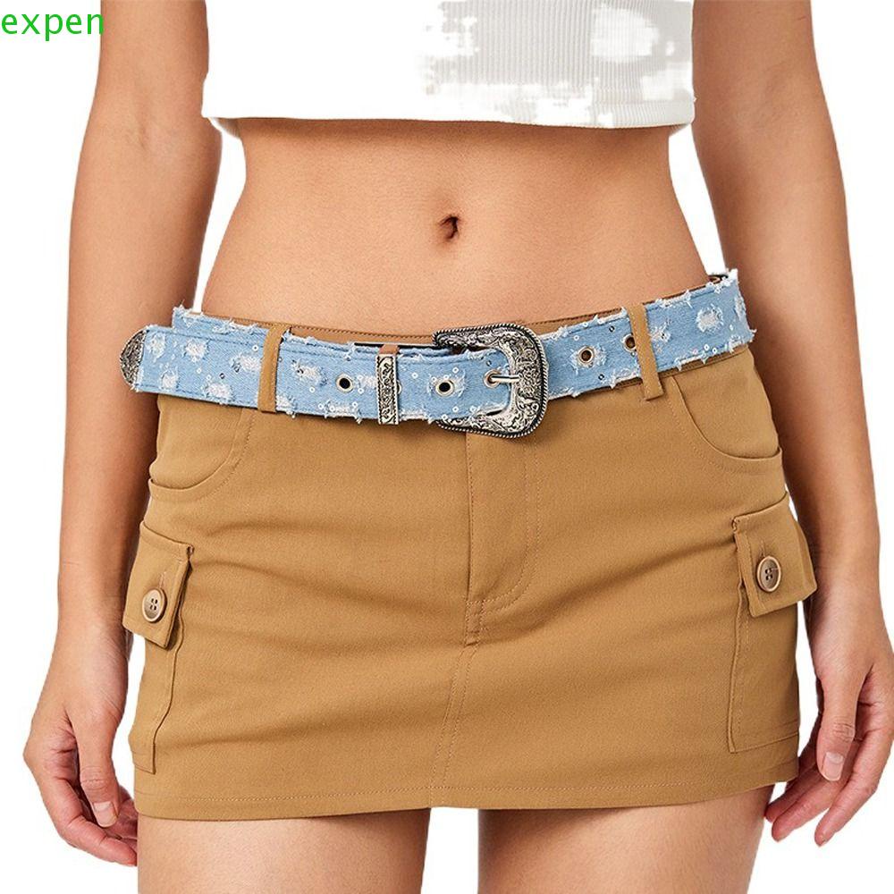 EXPEN Thắt Lưng Vải Denim Bản Rộng Họa Tiết Hoa Thời Trang Hàn Quốc Y2k