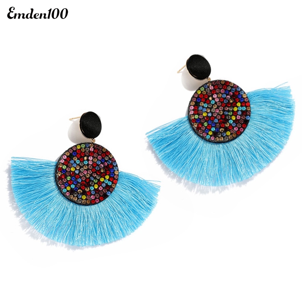 Bông Tai Hình Quạt Đính Đá Tua Rua Thời Trang