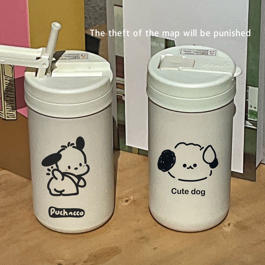 Bình Nước Giữ Nhiệt Cỡ Lớn Có Ống Hút In Hình Chú Cún Đáng Yêu Phong Cách Hàn Quốc Cho Bé