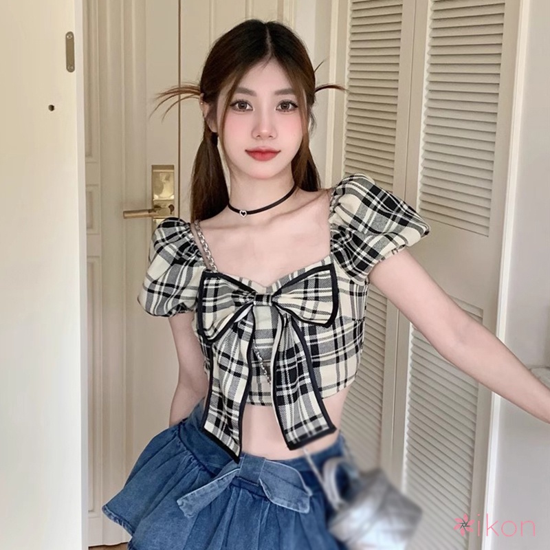 Áo Croptop Cổ Vuông Tay Phồng Ngắn Dáng Ôm In Caro Đính Nơ Thời Trang Mùa Hè Cho Nữ
