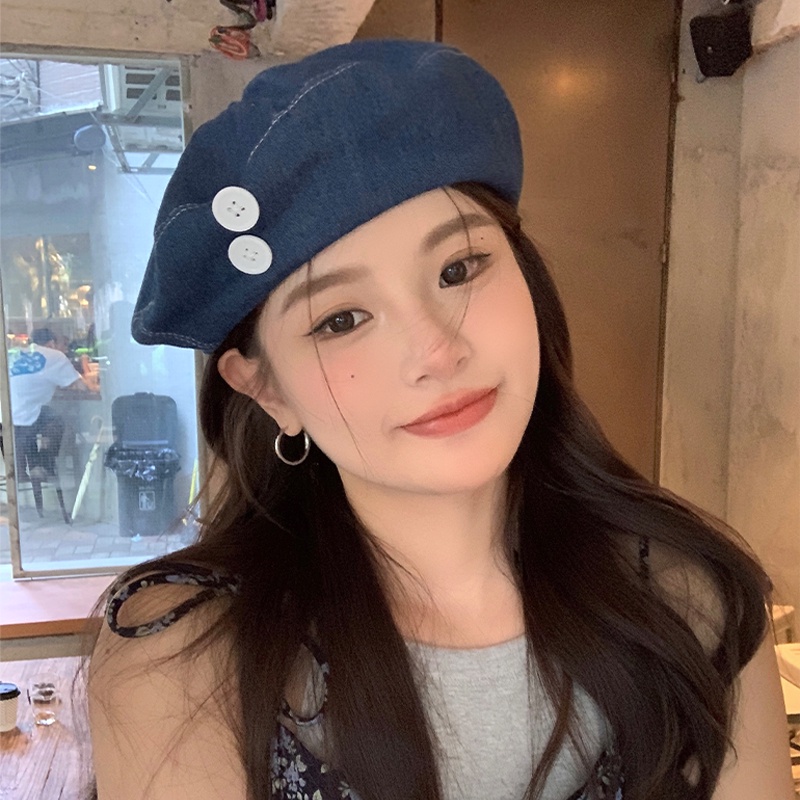Mũ Beret Denim Phối Nút Phong Cách Thời Trang Hàn Quốc Cho Nữ