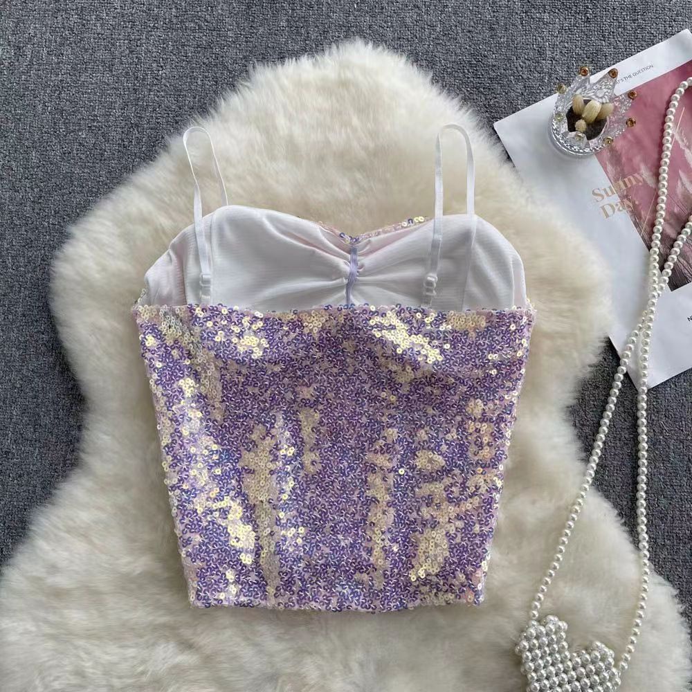 Áo Hai Dây Có Mút Ngực Dáng Dài Đính Kim Sa Lấp Lánh Phong Cách Mới Quyến Rũ Thoáng Khí Dành Cho Nữ