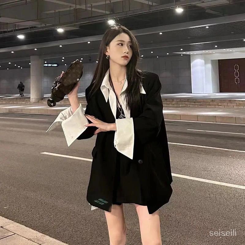 Two-piece suit Korean style women's new stitching fake two-piece suit jacket belt stitching skirt pants ins style suit