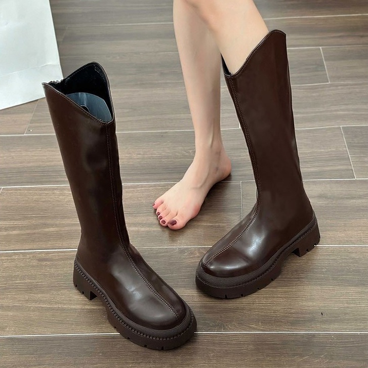 Giày Bốt Da PU Gót Vuông Mũi Tròn Thoáng Khí Thiết Kế Đơn Giản Hợp Thời Trang