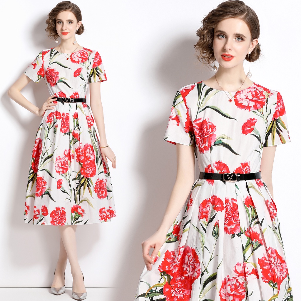 Real shot spot mẫu in mới cổ tròn retro mid-eo váy ngắn tay