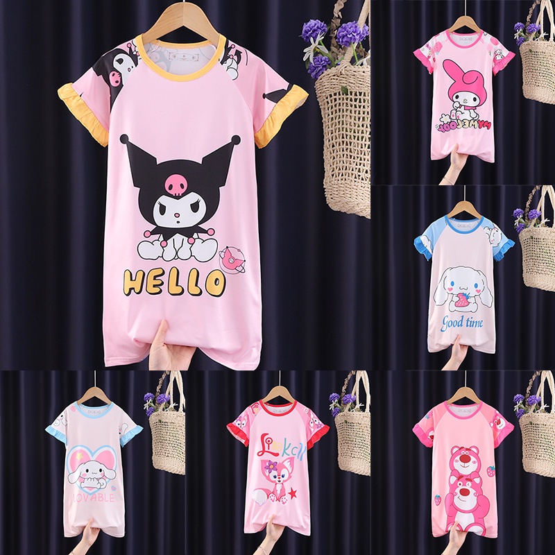 Váy Bộ Đồ Ngủ Gấu Dâu Tay Ngắn In Hình Kuromi Sanrio Cinnamoroll Dễ Thương Pijama Cho Bé Gái