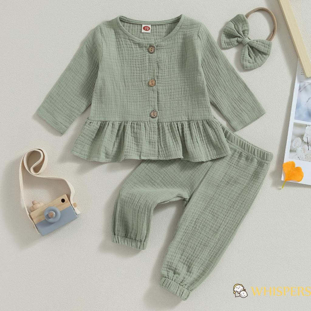 Bộ Áo Sơ Mi Tay Dài Cài Khuy + Quần Dài + Băng Đô Cài Tóc Xinh Xắn Cho Bé Gái 0-3 Tuổi