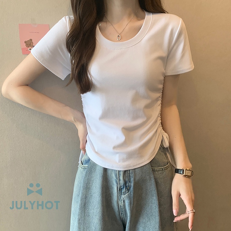 Áo Thun Tay Ngắn Cổ Tròn Màu Trơn Phối Dây Rút Thời Trang Cho Nữ