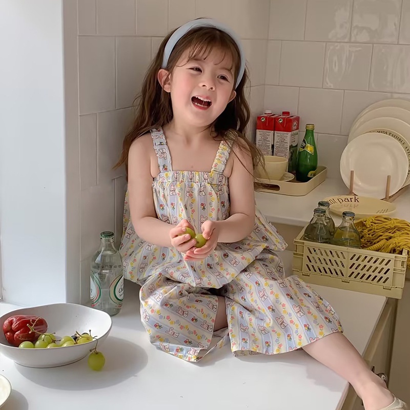 Quần áo trẻ em cô gái jumpsuit quần áo trẻ em cô gái jumpsuit không tay 2023 mùa hè phong cách mới bé dễ thương bunny in jumpsuit