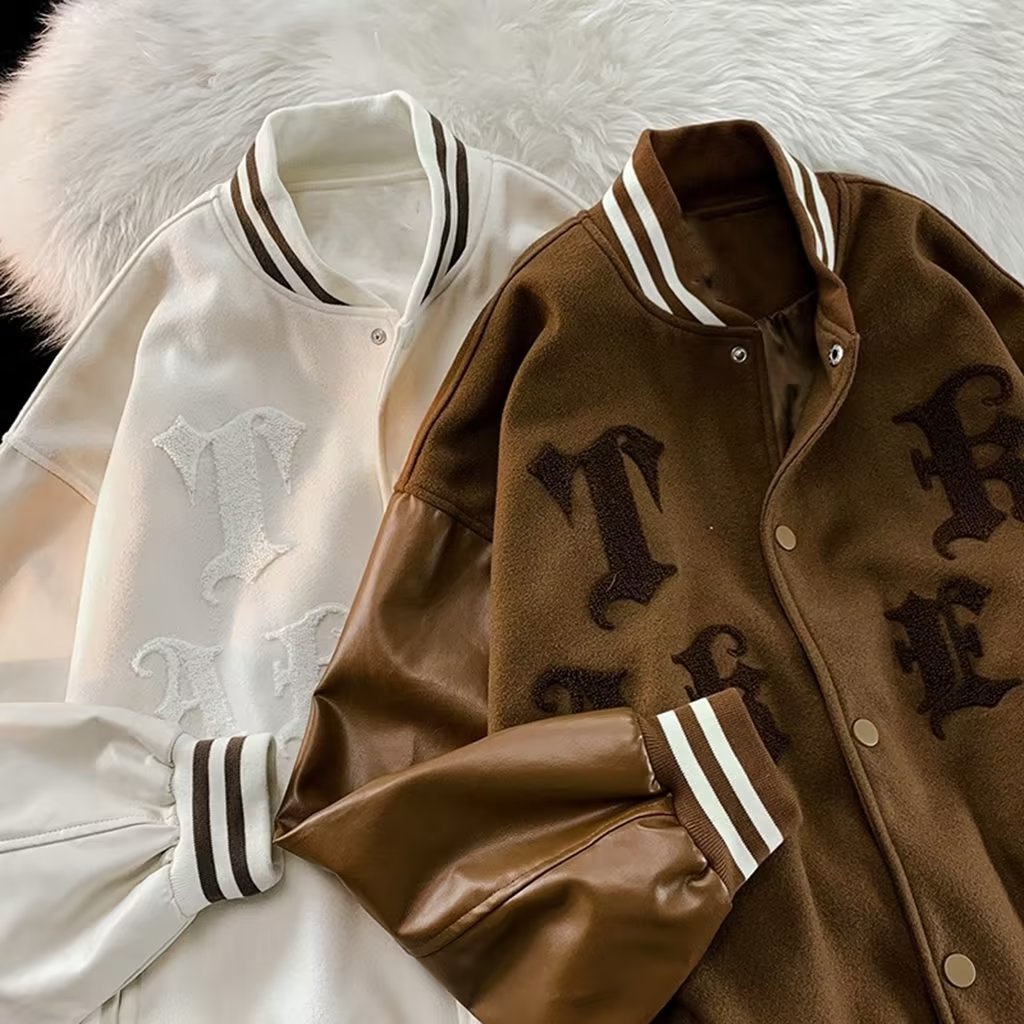 Áo khoác cặp Áo Khoác Bóng Chày Bằng Da Thêu Chữ Phong Cách Retro Mỹ