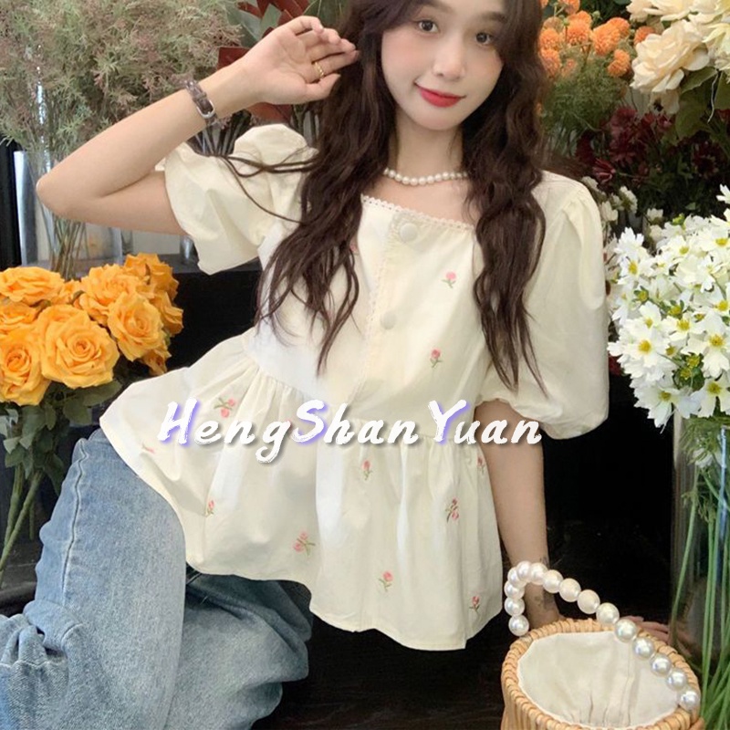 Áo Sơ Mi Tay Ngắn Phồng Cổ Vuông In Họa Tiết Hoa Phong Cách Phương Tây Thời Trang Cho Nữ