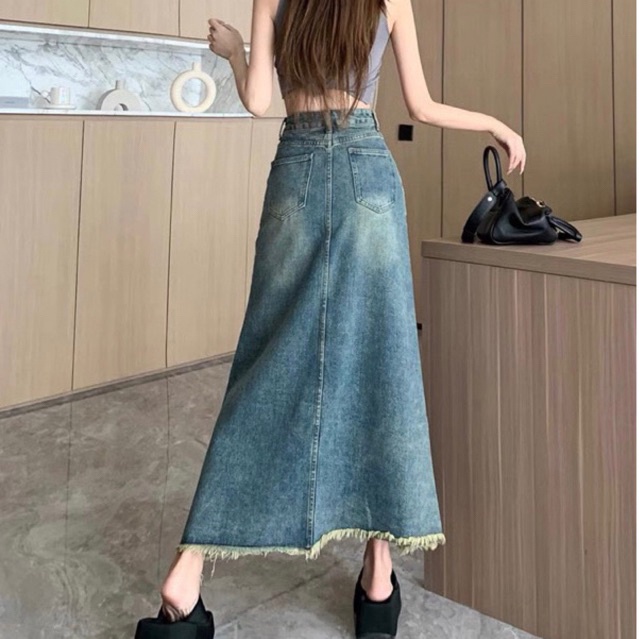 Chân váy jeans dài dáng chữ A phong cách retro nữ | BigBuy360 - bigbuy360.vn