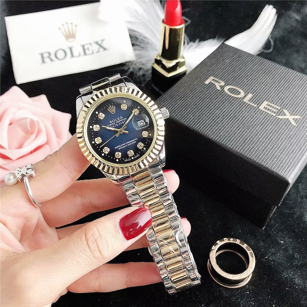 Đồng Hồ Rolex Mặt Tròn Đính Kim Cương Dây Da Thép Không Gỉ Thời Trang Cho Cặp Đôi