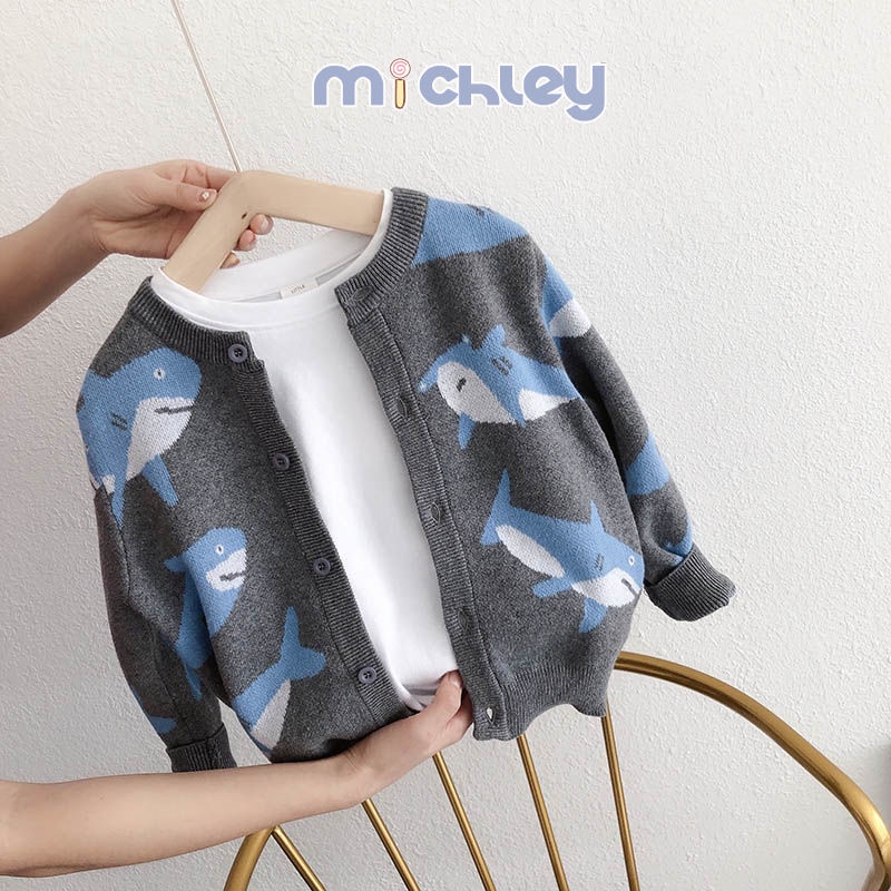 Michley Áo Khoác cardigan Dệt Kim Vải cotton In Hình Cá Mập Nhỏ Thời Trang Thu Đông Cho Bé Trai Và Gái